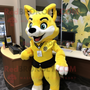 Lemon Yellow Wolf mascot costume character dressed with a Pencil Skirt and Keychains