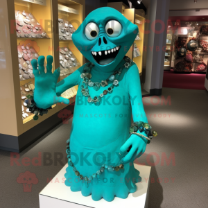 Turquoise Frankenstein'S Monster mascot costume character dressed with a Wrap Dress and Necklaces