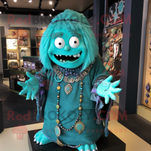 Turquoise Frankenstein'S Monster mascot costume character dressed with a Wrap Dress and Necklaces