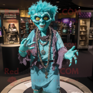 Turquoise Frankenstein'S Monster mascot costume character dressed with a Wrap Dress and Necklaces