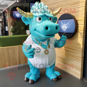 Cyan Bull mascot costume character dressed with a Cargo Shorts and Cufflinks