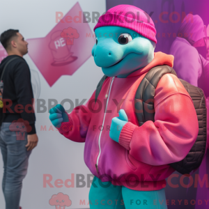 Maskotfigur af en magenta...