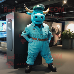 Cyan Bull mascot costume character dressed with a Cargo Shorts and Cufflinks