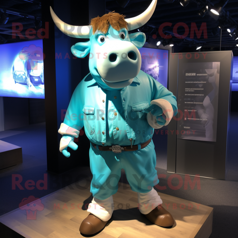 Cyan Bull mascot costume character dressed with a Cargo Shorts and Cufflinks