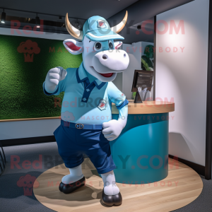 Cyan Bull mascot costume character dressed with a Cargo Shorts and Cufflinks