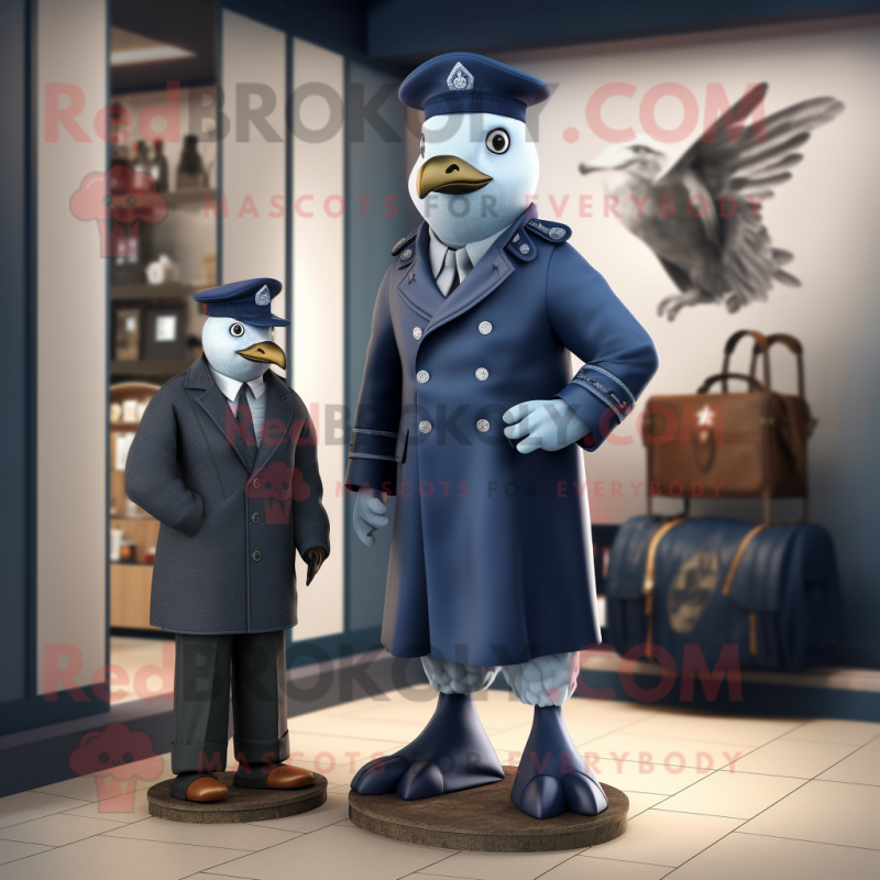 Navy Pigeon mascot costume character dressed with a Coat and Watches Navy Pigeon mascot costume character dressed with a Coat and Watches