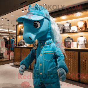 Maskotkarakter av en cyan...