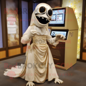 Tan Graveyard mascot costume character dressed with a Wedding Dress and Wallets