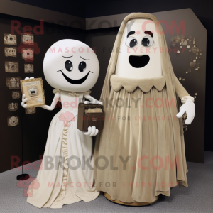 Tan Graveyard mascot costume character dressed with a Wedding Dress and Wallets
