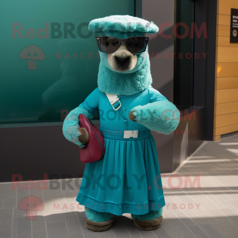 Teal Alpaca mascot costume character dressed with a A-Line Skirt and Sunglasses