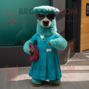 Teal Alpaca mascot costume character dressed with a A-Line Skirt and Sunglasses