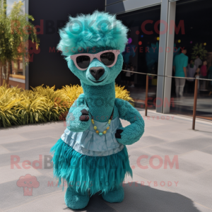 Teal Alpaca mascot costume character dressed with a A-Line Skirt and Sunglasses