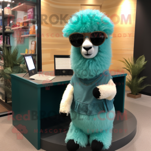 Teal Alpaca mascot costume character dressed with a A-Line Skirt and Sunglasses
