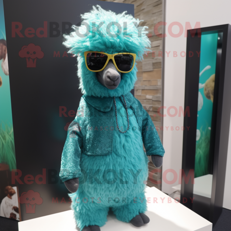 Teal Alpaca mascot costume character dressed with a A-Line Skirt and Sunglasses