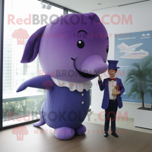 Purple Whale mascot costume character dressed with a Culottes and Ties