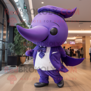 Purple Whale mascot costume character dressed with a Culottes and Ties