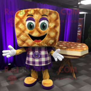 Purple Grilled Cheese Sandwich mascot costume character dressed with a Flannel Shirt and Clutch bags