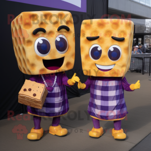 Purple Grilled Cheese Sandwich mascot costume character dressed with a Flannel Shirt and Clutch bags
