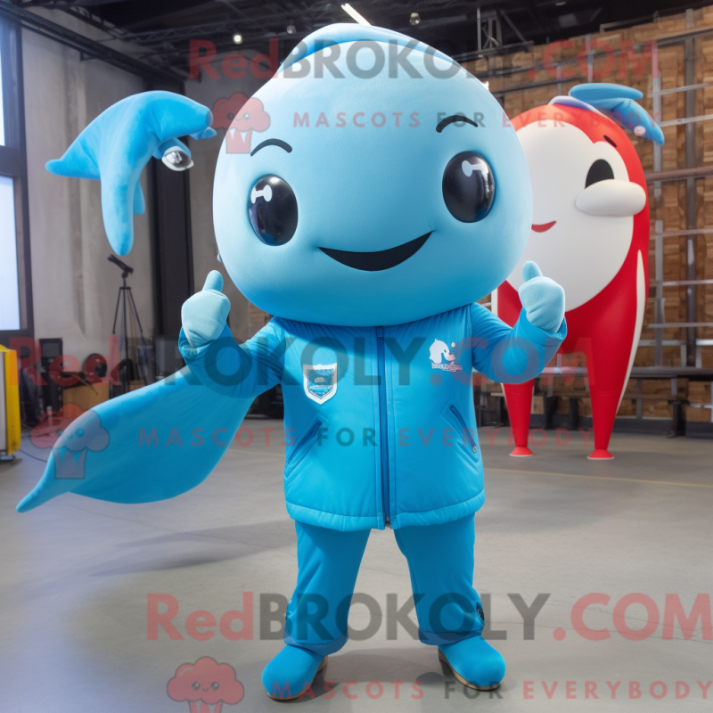 Figura de máscara de um narhval azul com um macacão e calças - Mascotes narval - REBROKO_402819 - RedBrokoly.com