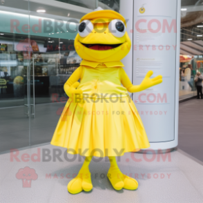 Lemon Yellow Frog mascot costume character dressed with a Pleated Skirt and Caps