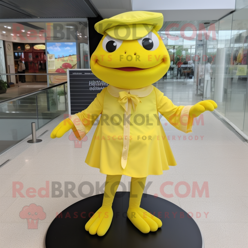 Lemon Yellow Frog mascot costume character dressed with a Pleated Skirt and Caps