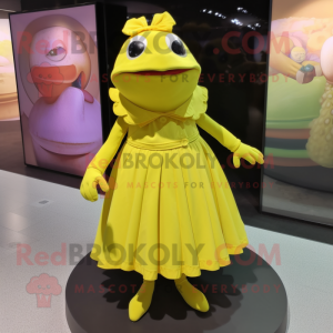 Lemon Yellow Frog mascot costume character dressed with a Pleated Skirt and Caps