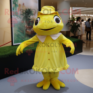 Lemon Yellow Frog mascot costume character dressed with a Pleated Skirt and Caps