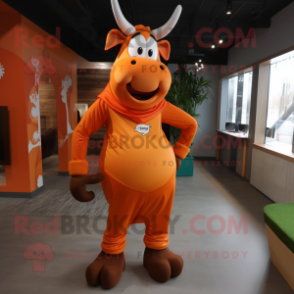 Orange Zebu mascot costume character dressed with a Turtleneck and Shoe laces