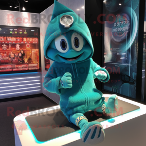 Teal Contortionist mascot costume character dressed with a Hoodie and Bracelet watches