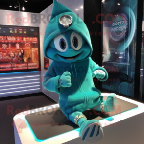 Teal Contortionist mascot costume character dressed with a Hoodie and Bracelet watches