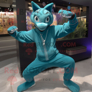 Teal Contortionist mascot costume character dressed with a Hoodie and Bracelet watches