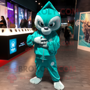 Teal Contortionist mascot costume character dressed with a Hoodie and Bracelet watches