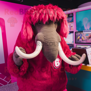 Magenta Mammoth mascot costume character dressed with a Sweater and Lapel pins
