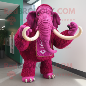 Magenta Mammoth mascot costume character dressed with a Sweater and Lapel pins