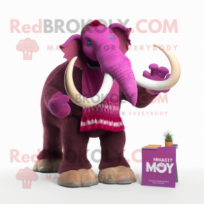 Magenta Mammoth mascot costume character dressed with a Sweater and Lapel pins