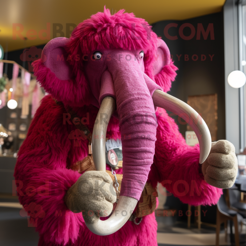 Magenta Mammoth mascot costume character dressed with a Sweater and Lapel pins