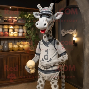 Gray Giraffe mascot costume character dressed with a Rugby Shirt and Caps