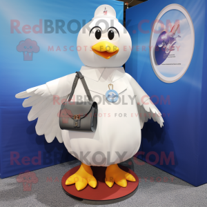 White Dove mascot costume character dressed with a Circle Skirt and Messenger bags