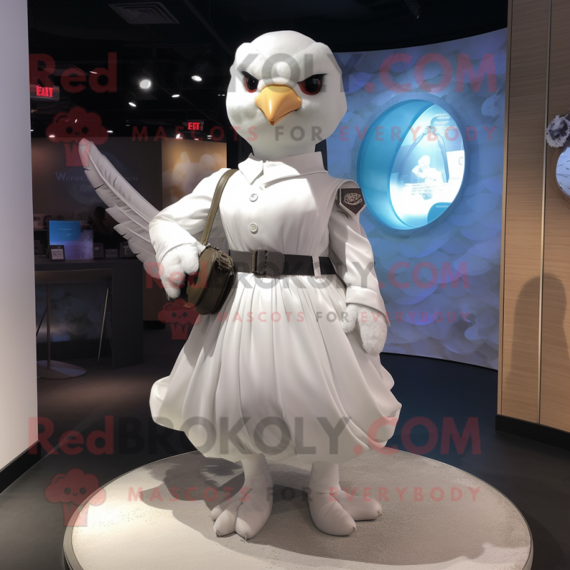 White Dove mascot costume character dressed with a Circle Skirt and Messenger bags White Dove mascot costume character dressed with a Circle Skirt and Messenger bags
