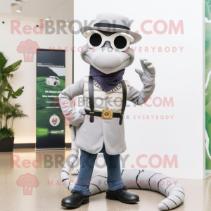 Silver Snake mascot costume character dressed with a Waistcoat and Eyeglasses