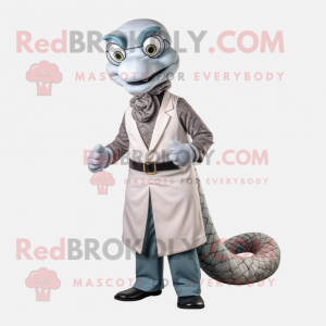 Silver Snake mascot costume character dressed with a Waistcoat and Eyeglasses