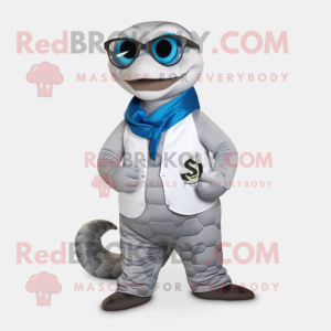 Silver Snake mascot costume character dressed with a Waistcoat and Eyeglasses