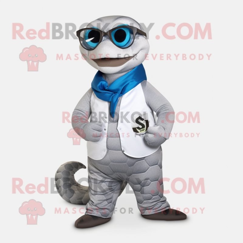 Silver Snake mascot costume character dressed with a Waistcoat and Eyeglasses Silver Snake mascot costume character dressed with a Waistcoat and Eyeglasses
