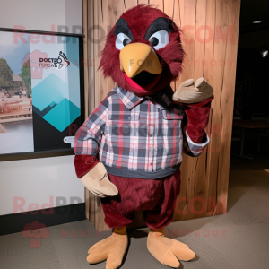 Maroon Crow mascot costume character dressed with a Flannel Shirt and Ties