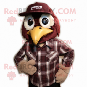 Maroon Crow mascot costume character dressed with a Flannel Shirt and Ties