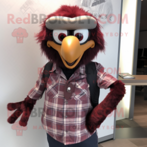 Maroon Crow mascot costume character dressed with a Flannel Shirt and Ties