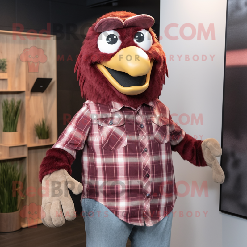 Maroon Crow mascot costume character dressed with a Flannel Shirt and Ties Maroon Crow mascot costume character dressed with a Flannel Shirt and Ties