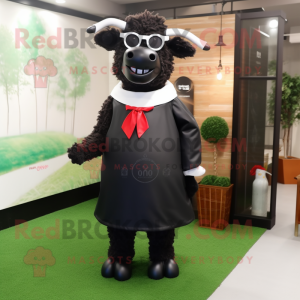 Black Beef Wellington mascot costume character dressed with a Sheath Dress and Eyeglasses