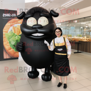 Black Beef Wellington mascot costume character dressed with a Sheath Dress and Eyeglasses