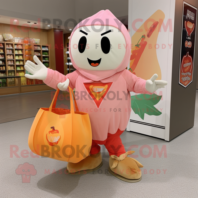 Peach Graveyard mascot costume character dressed with a Long Sleeve Tee and Tote bags Peach Graveyard mascot costume character dressed with a Long Sleeve Tee and Tote bags